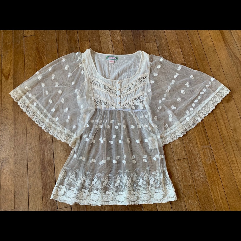 White sheer embroidered tunic length boho top